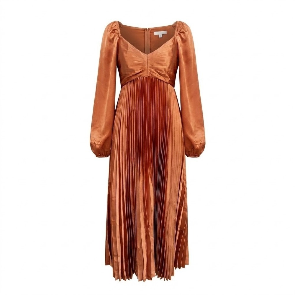NWT Zoe and Claire Rust Satin Pleated Maxi Dress Sleeve Romantic Boho Formal